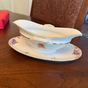 Vintage Epiag Czechoslovakia Bridal Rose Gravy Boat Attached Underplate & Handle